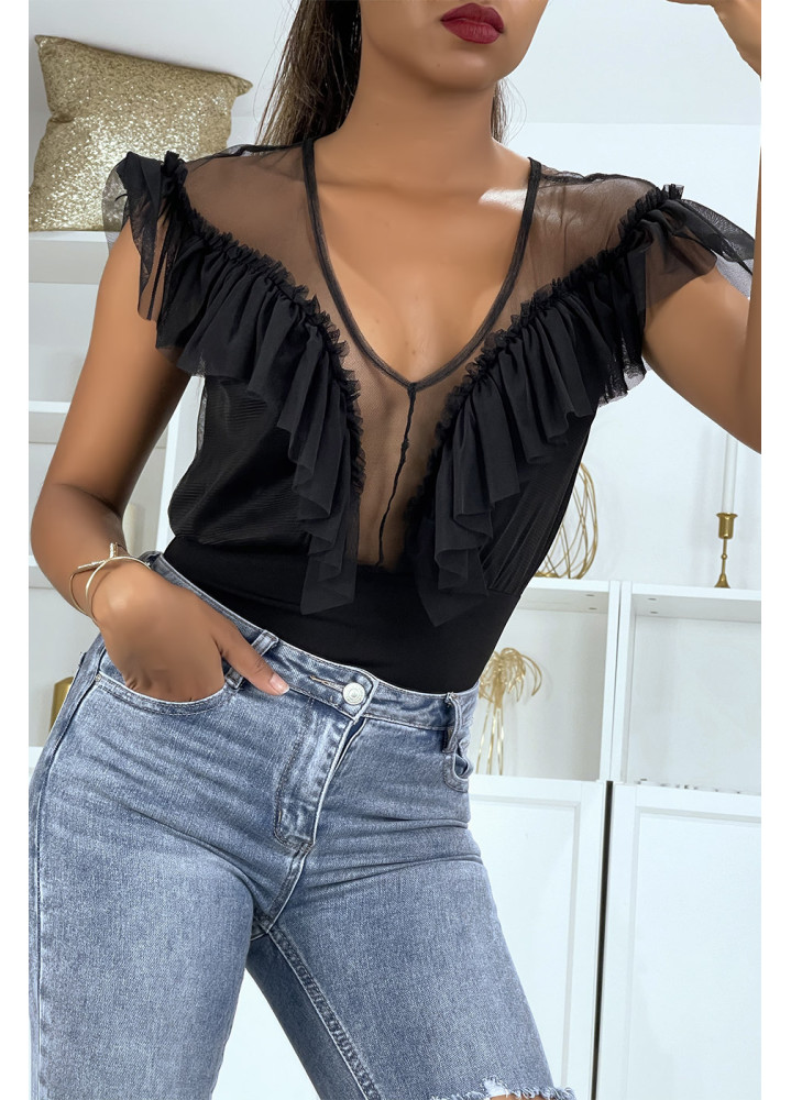 Body noir avec buste transparent et volant - 2