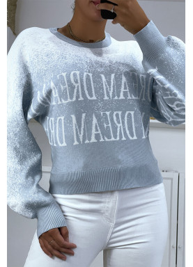 Pull bleu dégradé blanc en matière stretch effet bouffant à inscription. - 2