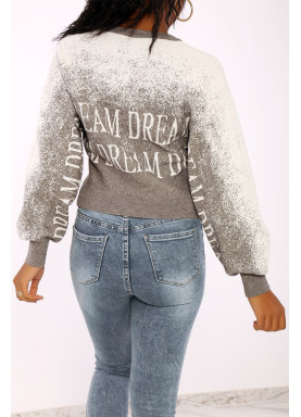 Pull gris dégradé blanc en matière stretch effet bouffant à inscription. - 1