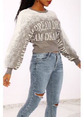 Pull gris dégradé blanc en matière stretch effet bouffant à inscription. - 2