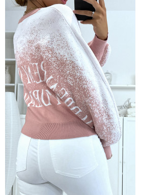 Pull rose dégradé blanc en matière stretch effet bouffant à inscription. - 1
