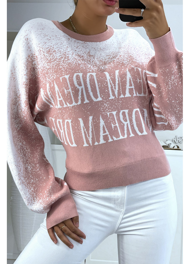 Pull rose dégradé blanc en matière stretch effet bouffant à inscription. - 2