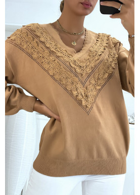 Pull camel pour femme en col V avec motif en dentelle - 3