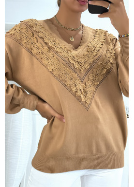 Pull camel pour femme en col V avec motif en dentelle - 4