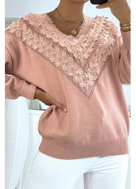 Pull rose pour femme en col V avec motif en dentelle - 4
