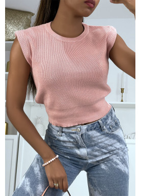 Pull court sans manches rose à col rond - 2