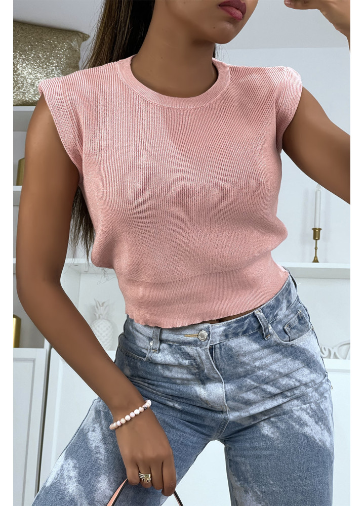 Pull court sans manches rose à col rond - 2