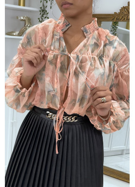 Blouse fleurie à nouer en tulle rose - 5