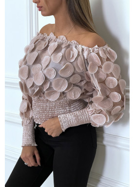 Haut rose col bateau avec taille élastique et motif satiné - 4