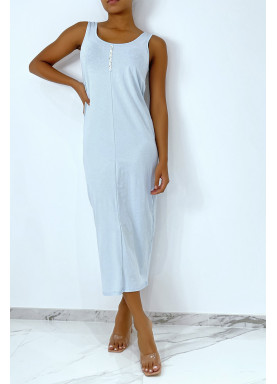 Longue robe turquoise fluide avec bouton sur l'avant et fente à l'arrière - 1