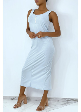 Longue robe turquoise fluide avec bouton sur l'avant et fente à l'arrière - 2