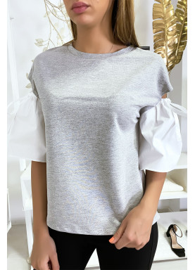Haut gris bi-matière avec manche bouffante dénudé - 1