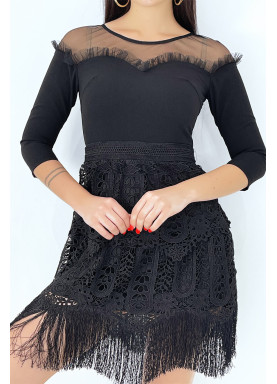 Robe chic noire à manches 3/4 et doublure ajourée à franges - 2