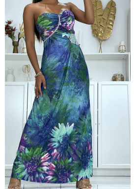 Longue robe motif fleuris bleu avec strass et plis au buste - 1