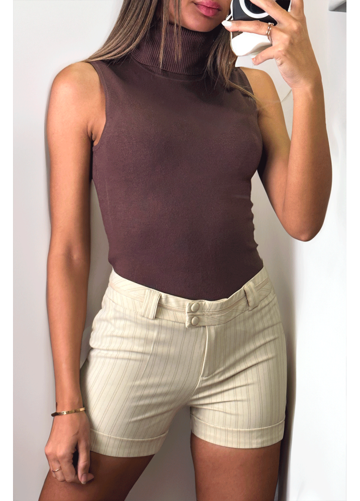Pull marron col roulé très extensible - 1