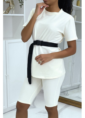 Ensemble T-shirt et cycliste beige avec ceinture - 2