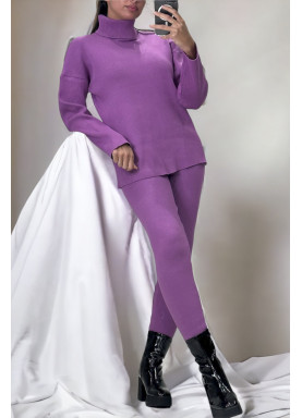 Ensemble pull col roulé over size et jegging en maille côtelé extensible violet - 1