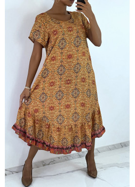 Robe longue moutarde à manches courtes et imprimé coloré - 2