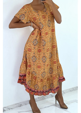 Robe longue moutarde à manches courtes et imprimé coloré - 5