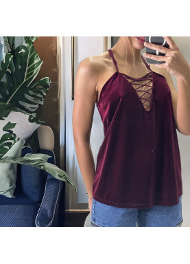 Débardeur bordeaux en peaux de pêche avec lacet  - 1