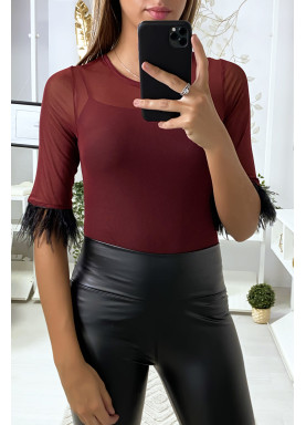 Body en tulle bordeaux avec plumes aux manches - 2