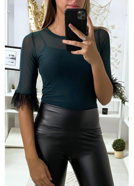 Body en tulle vert avec plumes aux manches - 2
