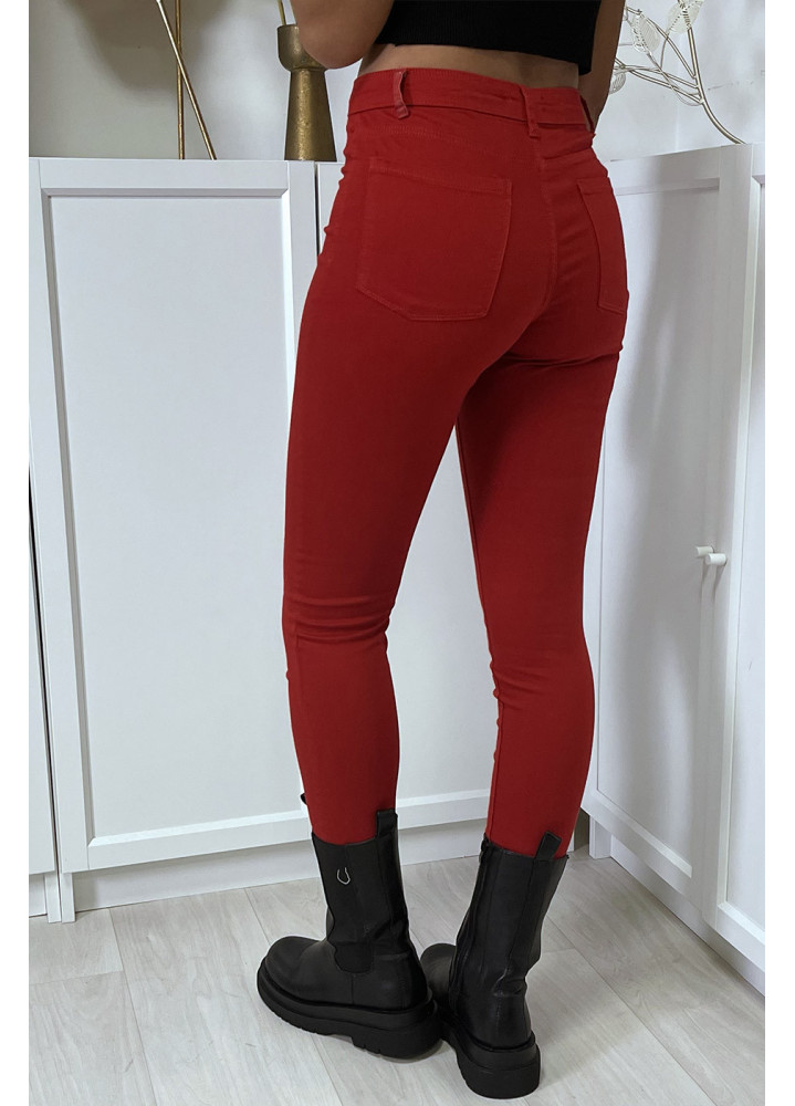Jean slim rouge taille haute avec poches arrières - 1