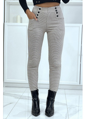 Pantalon beige motif pied-de-poule avec 8 boutons et poches - 1
