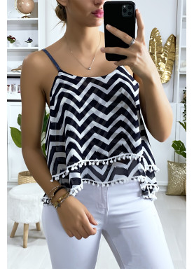 Débardeur à motif marine et blanc en forme de zigzag avec volant et mini pompon - 1