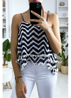 Débardeur à motif marine et blanc en forme de zigzag avec volant et mini pompon - 2