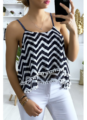 Débardeur à motif marine et blanc en forme de zigzag avec volant et mini pompon - 3