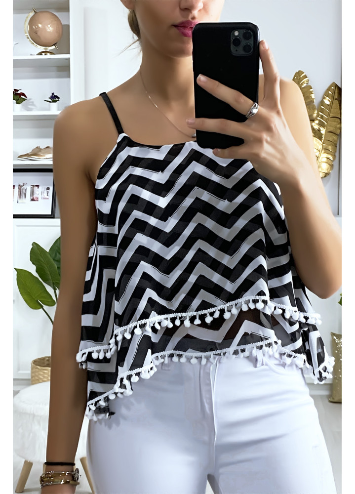 Débardeur à motif noir et blanc en forme de zigzag avec volant et mini pompon - 1