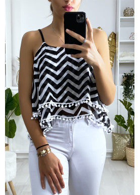 Débardeur à motif noir et blanc en forme de zigzag avec volant et mini pompon - 2