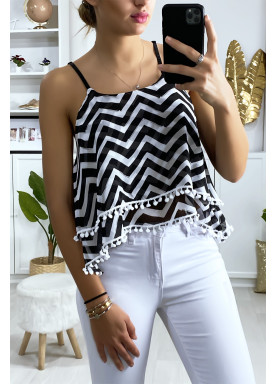 Débardeur à motif noir et blanc en forme de zigzag avec volant et mini pompon - 3