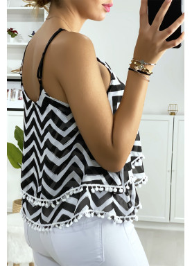 Débardeur à motif noir et blanc en forme de zigzag avec volant et mini pompon - 4