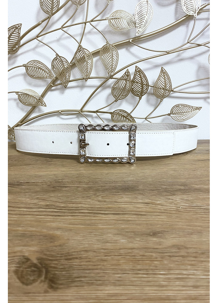Ceinture blanche boucle rectangulaire ornée de strass - 1