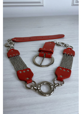 Ceinture rouge en simili avec chêne et accessoire argenté - 2
