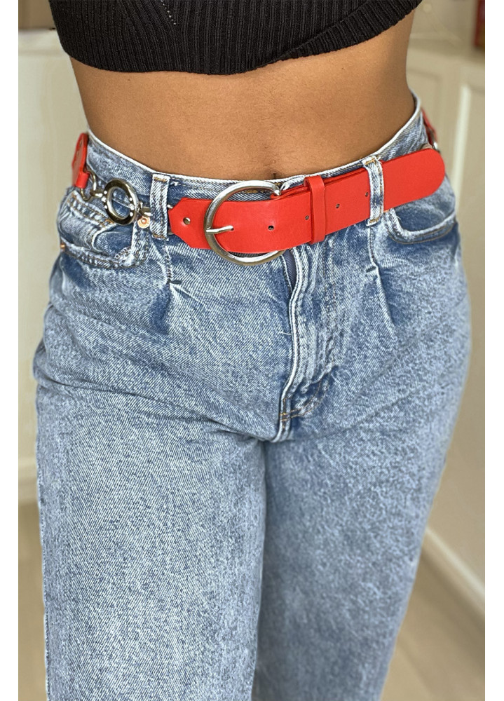 Ceinture rouge en simili avec chêne et accessoire argenté - 7