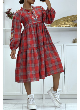 Robe rouge motif écossais avec broderie - 2