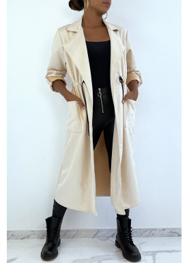 Manteau trench en suédine beige ajustable à la taille - 3