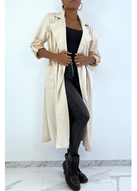 Manteau trench en suédine beige ajustable à la taille - 4