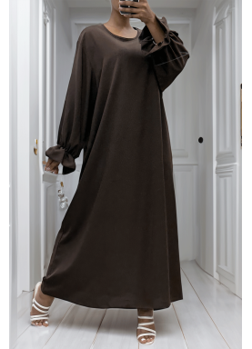 Longue abaya marron froncé aux manches  - 4