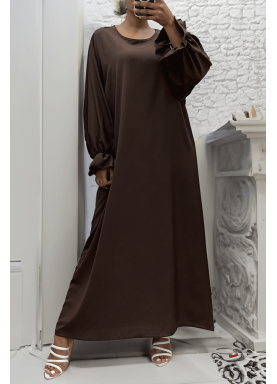 Longue abaya marron froncé aux manches  - 5