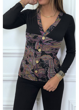 Haut noir à motif violet avec boutons dorée et fronce - 4