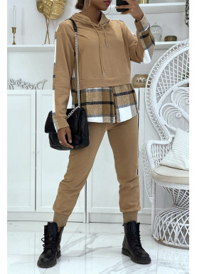 Ensemble de jogging taupe avec pantalon effet push et sweet 2 en 1 sur chemise à carreaux tendance - 1
