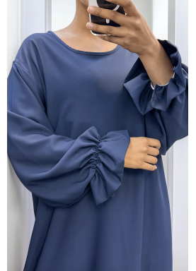 Longue abaya marine froncé aux manches  - 4