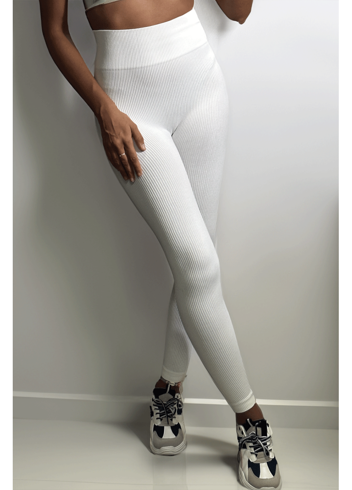 Legging blanc en maille côtelé très extensible - 2