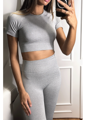 Ensemble legging et top sport gris en matière gênante - 5