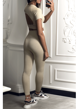 Ensemble legging et top sport beige en matière gênante - 1