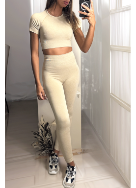 Ensemble legging et top sport beige en matière gênante - 4